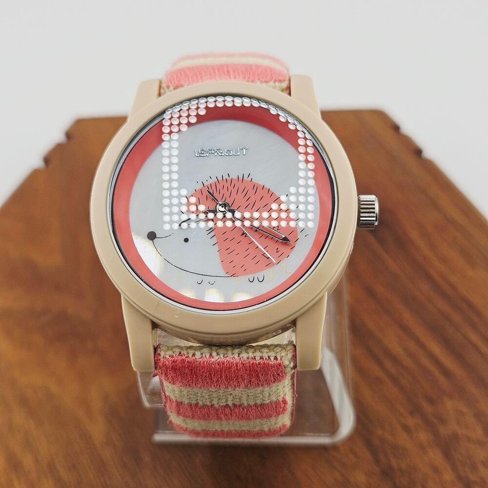 Isprout Hedgehog Watch Beige Orange Embroidered Stripe Band Cutesy Kidcore